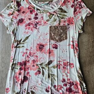 Umgee Pink and Green Floral Top with Gold Sequin Pocket